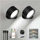 LED Wall Mounted Lights, Rechargeable Wall Sconce Lamps, 3 Color Temps & Remote and Touch, 360 Rotation Dimmable Cordless Wall Light for Study Bedroom Reading Bedside (Black, 2 Pack)