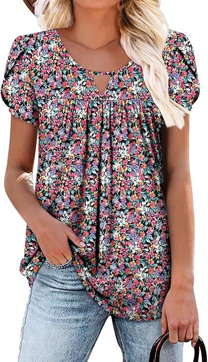 onlypuff Summer Tops for Womens Short Sleeve Blouses Loose Fit Pleated T Shirts PinkYellow Flower M