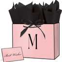 2 x Linelglobal Pink Letter Gift Bag with Handles for Women 12.6" Anniversary Wedding Party Includes Envelope, Card, Wrapping Paper - Initial M, 1 count
