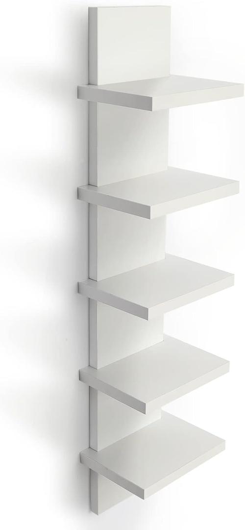 5 Tier Wall Shelves White, Vertical Column Shelf Floating Storage Home Decor Organizer Tall Tower Design Utility Shelving Bedroom Living Room, 30.7inch