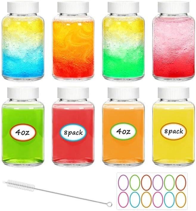 Haneye 8 Pack 4 oz Glass Shot Bottles with Caps - Reusable Wide Mouth Ginger Shots Bottles for Juice, Wellness,Spices, Essential Oil & Travel, Leakproof & Dishwasher Safe with 12 Labels and 1 Brush