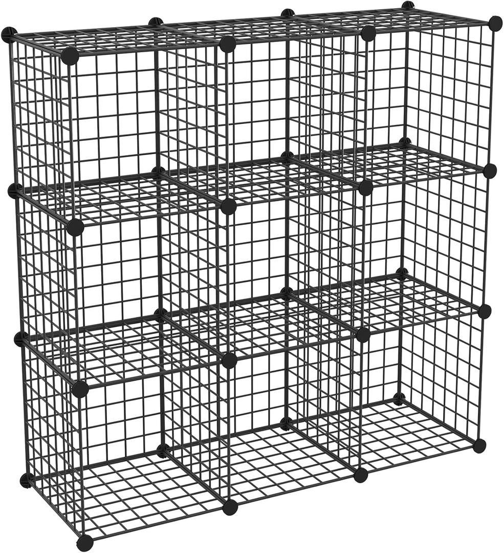 HUBSON Wire Cube Storage Organizer, Book/Toy/Craft/Potted Plants and petCloset Organizers and Storage Shelves, 9-Cube Freely Combinable Metal Grids Storage Shelf,Black Iron