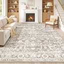 Soalmost 8x10 Washable Area Rugs for Living Room, Vintage Floral Stain Resistant Non-Slip Low Pile Neutral Rug Soft Throw Large Carpet for Dining Room Bedroom Home Office (Light Brown, 8'x10')