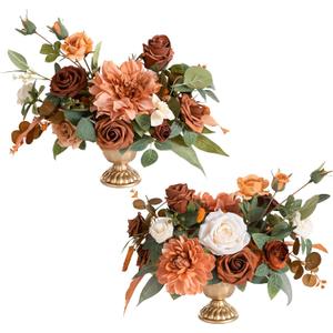 Ling's moment Terracotta Artificial Flowers with Vase Wedding Table Decor Bouquet Centerpiece Flower Potted for Ceremony Reception Desk Flowers Mantel Archway Aisle, Orange Fake Flowers Set of 2