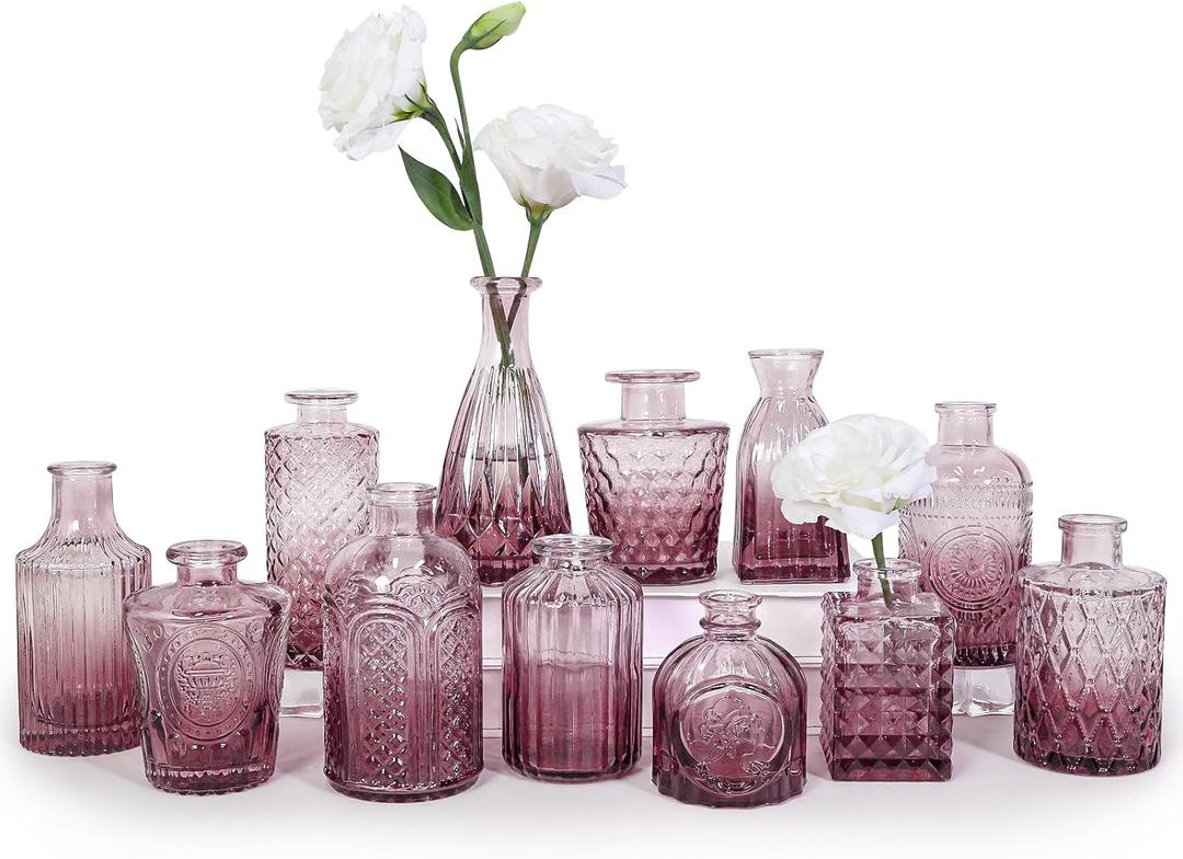 SUPMIND 12pcs Glass Bud Vase Set, Small Purple Flower Vases for Centerpieces in Bulk, Mini Vintage Vase for Wedding, Home,Table Decoration