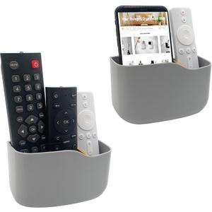SUNFICON 2 Pack Adhesive Remote Control Holder Gray Wall Mount Media Player Controller Holder Universal TV Remote Organizer Caddy Box Tray Hollow Bottom Easy Phone Charging Home Office Desk Nightstand