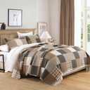 Plaid King Quilt Set - 100% Cotton Quilts, King Quilt Bedding Set, Farmhouse Patchwork Quilt, Lightweight Bedspread Coverlet for All Seasons, Brown, 3 Piece, 98"x106"