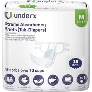 UnderX Xtreme Absorbency Adult Briefs with Tabs - Maximum Absorbency - Heavy-Duty Overnight Briefs for Men and Women - Leak-Proof Protection Absorbent - Comfortable, Latex-Free (Medium) 10 PCS