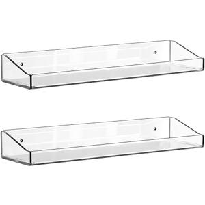 2 Pcs Acrylic Floating Shelves, 15" Wall Mounted Bookshelves Farmhouse Shelves for Display Book Photo Figures Plants, Display Shelf Organizer for Bedroom Living Kitchen Room Storage