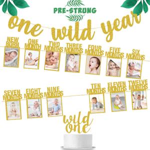 Wild One Glitter One Year Banner + Baby 1st Birthday Photo Banner - Safari & Jungle Themed Decorations