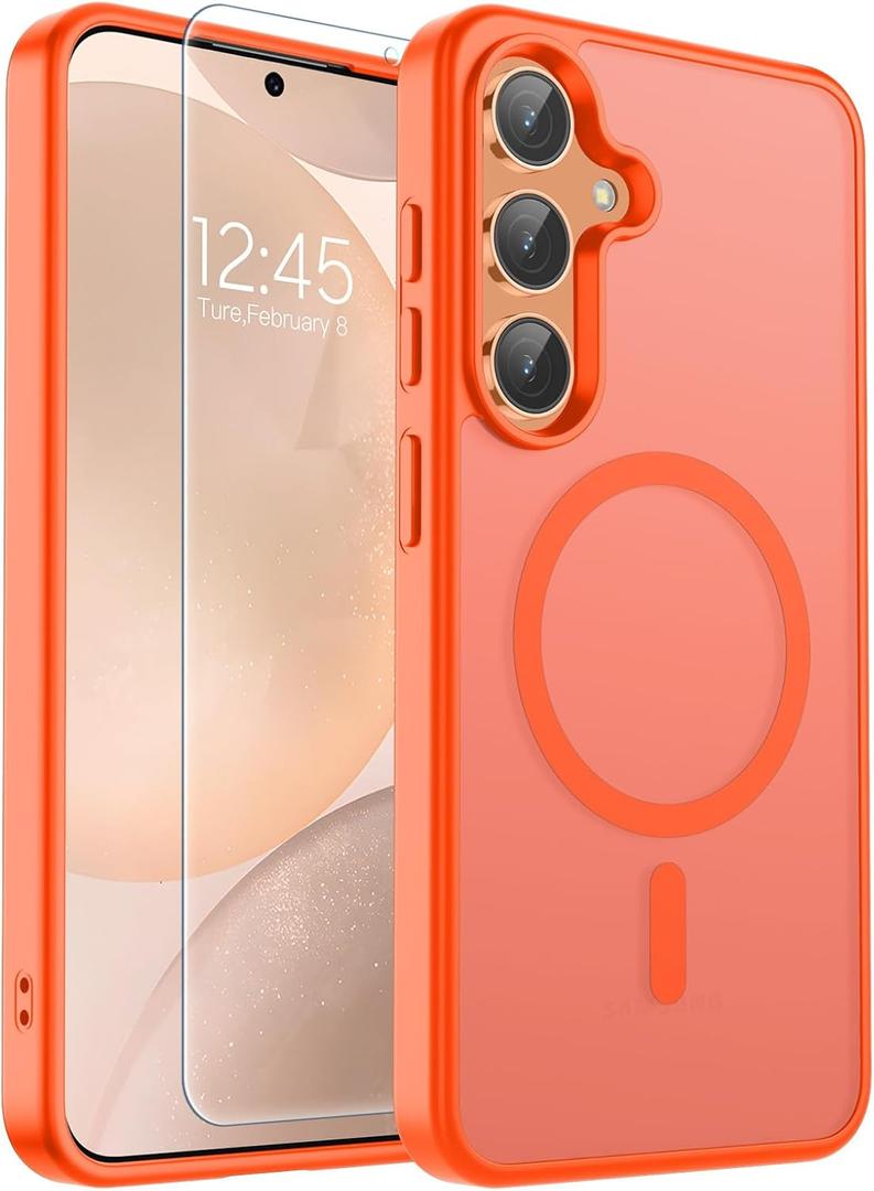 SUPFINE Magnetic for Samsung Galaxy S24 Plus Case / S25 Plus Case with Screen Protector, (Built-in Magnets) (Military Grade Drop Protection) Slim Translucent Shockproof Phone Case, Orange