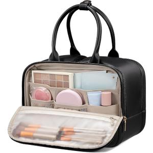 LOVEVOOK Travel Toiletry Bag for women, Leather Large Wide-open Makeup Bag, Waterproof Cosmetic Bag Organizer for Shower, Traveling, Toiletries, Bathroom