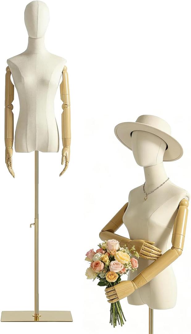 Female Mannequin Dress Form Torso, Display Mannequin Body with Detachable Head, Wooden Hands and Golden Adjustable Height Stand, for Dress Jewelry Display, Beige (Gold)