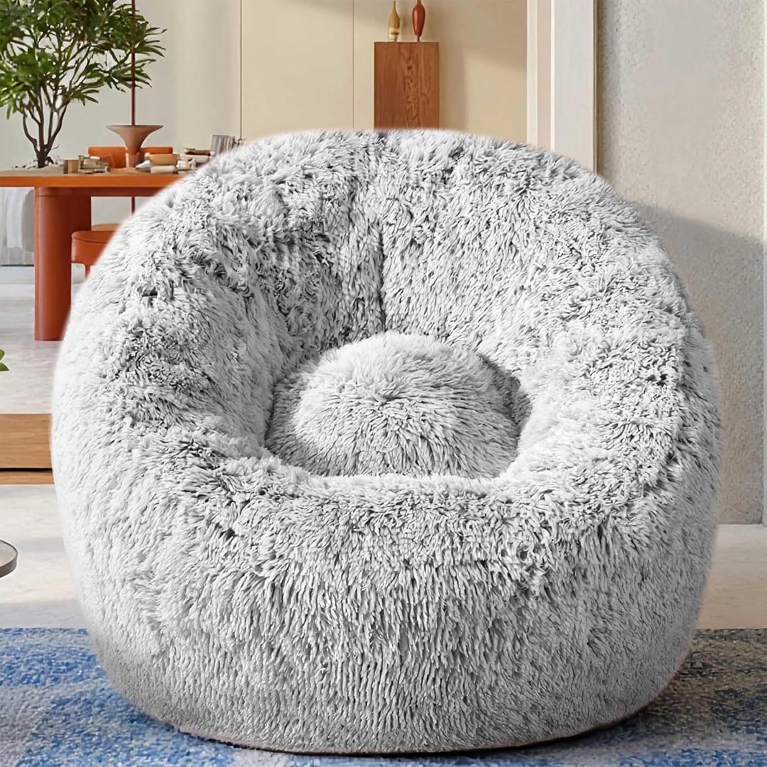 Plush Faux Fur Bean Bag Chairs, Memory Foam Filled Sofa Chair Shape Bean Bag for Adults/Teens/Kids, Ultra-Soft Lazy Sofa for Living Room Bedroom College Dorm, Grey (3 FOOT)