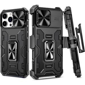 VEGO for iPhone 16 Pro Max Case, with Belt Clip Holster & Slide Camera Lens Protector & 360Rotatable Ring Kickstand Military Grade Heavy Duty Protection Cover for 16 ProMax 5G 6.9 Inch - Black