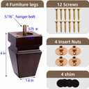 Set of 4 Premium Square Wood Furniture Legs-Wooden Replacement Feet for Couch, Nightstand Sideboard Bench, Dresser Sofa with Installation Hardware (Brown 4" H*2.5" W)