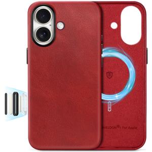 SHIELDON Genuine Leather Case for iPhone 17 6.3" 2025, Compatible with Magsafe, Camera Button Updated, Magnetic Wireless Charging, Slim Fit, Non-Slip, Shockproof Protective Phone Cover - Retro Red