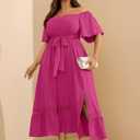 RWJ Women's Plus Size Dress for Cocktail Wedding Guest Formal V Neck Off The Shoulder Maxi Dress with Belt (Pink, XXXL)