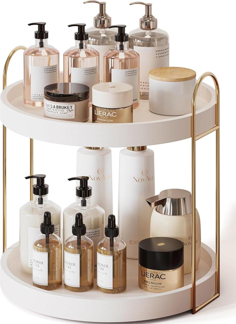 Onlysky Bathroom Counter Organizer,Make Organizer for Vanity, Wood Perfume Skincare Oraganziers, Gold Bathroom Accessories
