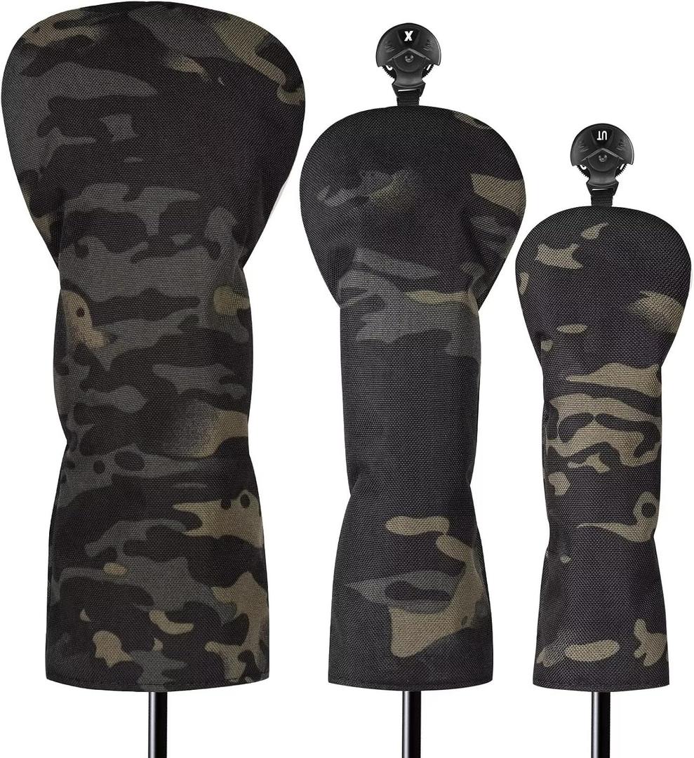 3 Pack Camouflage Golf Club Head Covers for Driver, Fairway Woods and Hybrid with Rotatable Number Tag