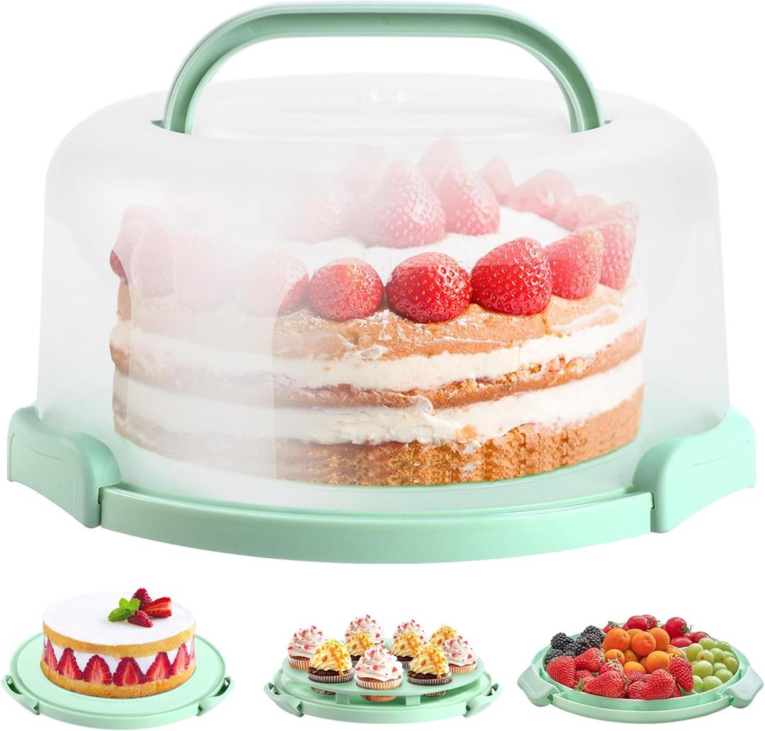 Ohuhu Cake Carrier with Lid and Handle, BPA-Free Cake Containers Cake Holder for 10 inch Cake with 2 Handles Cupcake Carrier - Plastic Cover Two Sided Base for Transport Pies Nuts Fruit Perfect Gifts (Green)