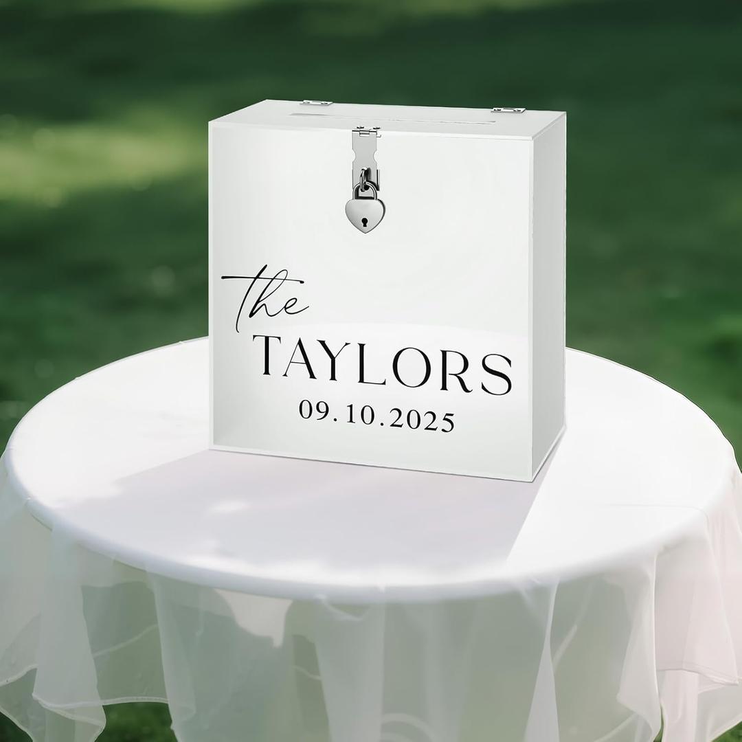 LemonRoad Frosted 10 Inches Wedding Acrylic Card Gift Box with Lock Slot and Last Name Transfers Money Box for Bridal Shower Wedding, Honeymoon, Baby Shower Birthday Party Reception Decoration
