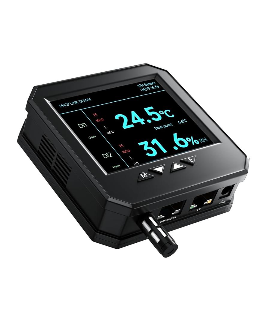 Ethernet Server Room Temperature Monitor, PoE Server Rack Temperature Humidity Sensor with Web Interface, SNMP Modbus MQTT Support, Dual Power, IP55, Data Logging, Alarm & Relay Output