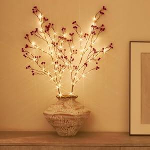 Fudios Lighted Red Berry Branches 80 LED Fairy Lights with Timer USB Plug in or Battery Operated, Artificial Twig Branches with Lights 32IN Christmas Home Fireplace Mantle Decoration