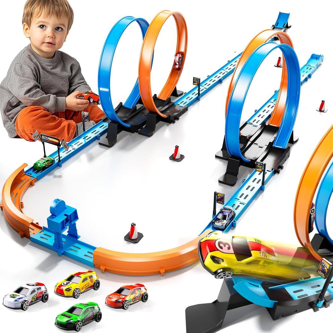 Toy Car Track Gift Set for Boys Kids Age 3-5 4-7 8-12, Long Race Tracks with 4 Action Loops and 4 High-Speed Slot Die-Cast Race Cars, 35+ Pieces Race Tracks to Create Multiple Configurations