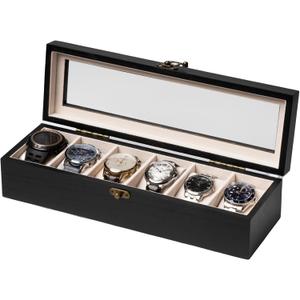 Watch Box, Watch Case for Men Women with Large Glass Lid, Wooden Watch Display Storage Box with 6 - Slots, Charcoal Black Mens Watch Box Organizer