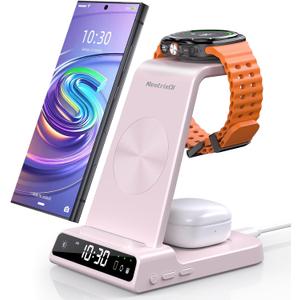 Wireless Charger for Samsung Charging Station, 3 in 1 Android Phone Charger for Samsung Galaxy S25 Ultra/S24 Ultra/S23/Z Fold7/Flip7, Galaxy Watch 8/8 Classic/Ultra/7/6/5, Galaxy Buds 3 Pro/3(Pink)