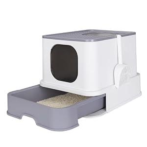 RIZZARI Millions Sold Wordwide Cat Litter Box, Large Top Entry Anti-Splashing Litter Box with Lid, Enclosed Plastic Cat Litter Box with Handy Litter Scoop, Drawer Type Cat Toilet (Pearl White)