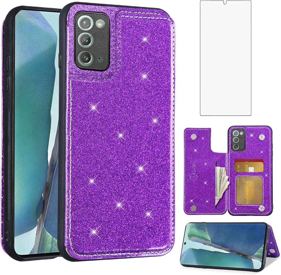 Asuwish Phone Case for Samsung Galaxy Note 20 Glaxay Note20 5G Wallet Cover with Screen Protector Card Holder Stand Bling Glitter Cell Accessories Gaxaly Notes 20s Twenty Not S20 Women Girls Purple