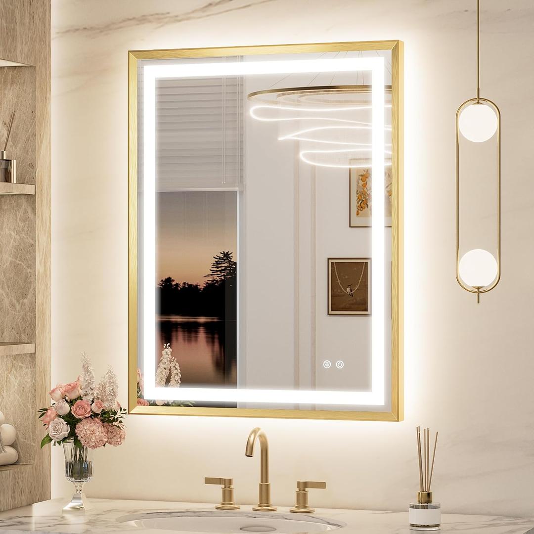 Keonjinn 28 x 36 Inch Gold LED Bathroom Mirror with Frontlit & Backlit, Lighted Mirrors for Bathroom Wall, UL Listed LED Driver, Tempered Glass, Metal Framed Beveled Edge, 3000K/4500K/6000K, Defogging