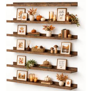 upsimples Floating Shelves for Wall, 35.5 Inch Shelves for Decor Storage Set of 6, Wall Mounted Wood Shelf for Bedroom, Living Room, Bathroom, Kitchen, Long Picture Ledge Shelves, Brown