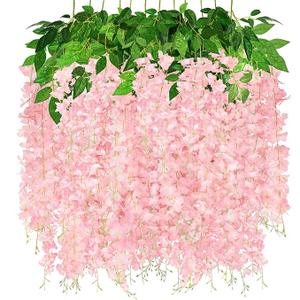 12 Pack Artificial Hanging Flowers Wisteria Garland Lush Long Silk Flower Vines for Outdoor Indoor Wedding Arch Backdrop Party Room Wall Decor (Light Pink)