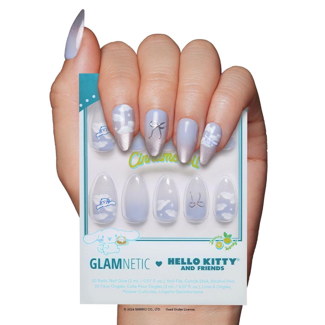 Glamnetic x Hello Kitty and Friends Press On Nails - Cinnamoroll Cloud | Pale Blue 3D Cloud Graphic Fake Nails in a Velvet Finish | 15 Sizes - 30 Nail Kit with Glue