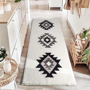 DEXDE Bathroom Runner Rugs 24x60 Inches - Non-Slip Quick Dry Machine Washable Bath Mats, Boho Geometric Absorbent Long Carpet for Bathroom, Black and White
