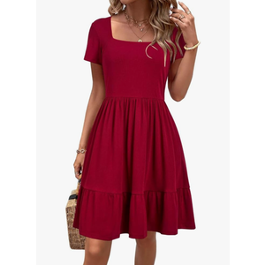 Newshows Women 2025 Summer Dress Square Neck Formal Short Sleeve Business Casual Outfits Ruffle Spring Pockets Sundress L