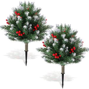 Yunlly 2 Pcs 23.6in Frosted Artificial Cedar Pine Topiary Trees for Front Porch Decor, Outdoor Christmas Tree with Cones Red Berries, Faux Shrubs UV Resistant Fake Bush Greenery for Indoor Garden