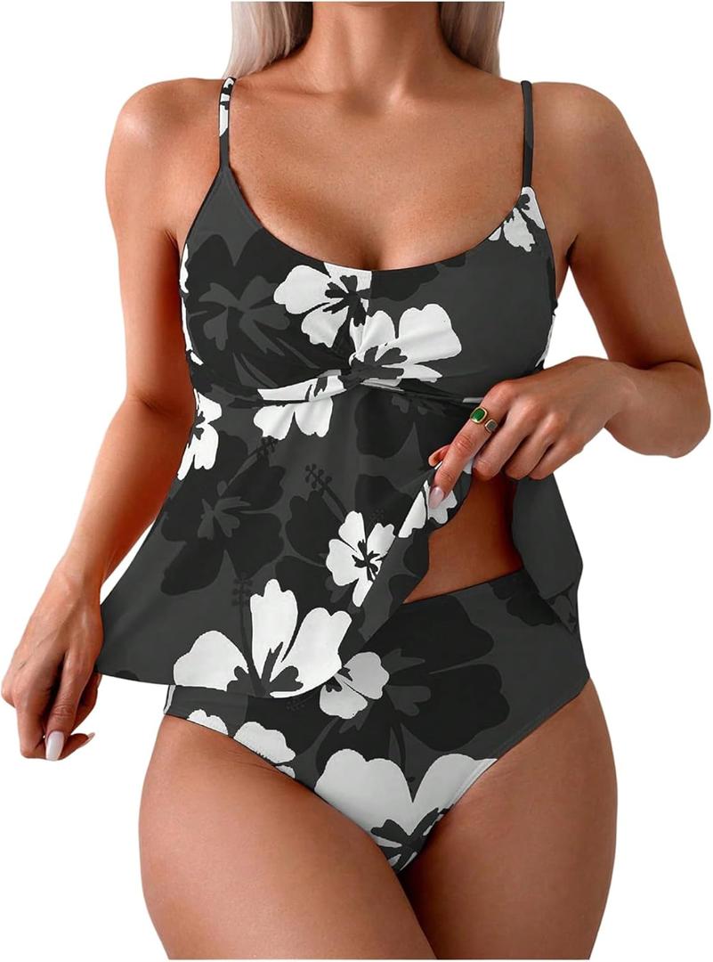 SweatyRocks Women's Floral Print Twist High Waisted Tankini Swimsuit 2 Piece Bathing Suit (Large, Black)