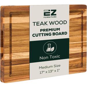 Medium (M) Teak Edge Grain Cutting Board, Reversible, Knife-Friendly Charcuterie Wood Cutting Board with Juice Groove & Handles, Non-Toxic, Gift Box Included (17" x 13" x 1")