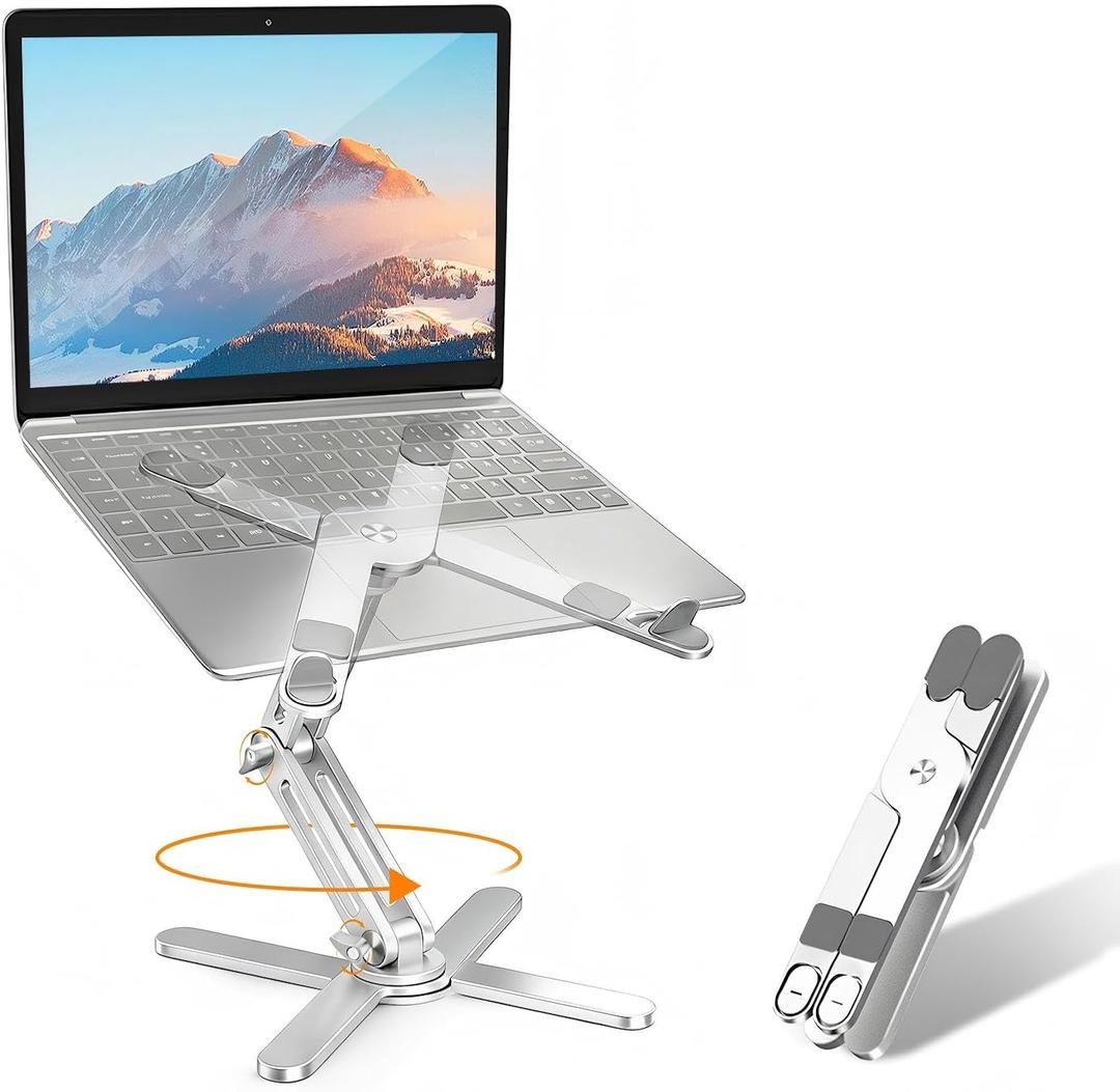 Laptop Stand with 360 Rotating Base, Computer Notebook Laptop Riser Metal Holder for Desk Collaborative Work, Fully Foldable for Easy Storage, Fits All MacBook, Laptops up to 16 inches (Silver)