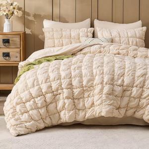 Beige Comforter Set Full Size Bed in A Bag 7 Piece Pinch Pleat Bedding Set, Pintuck Ruched Square Bed Set with Comforter, Sheets, Pillowcases & Shams