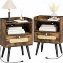 Nightstands/Beside Table Set of 2 with Charging Station, End Table with Diamond Handle and Rattan-Style Drawer, Rustic Brown