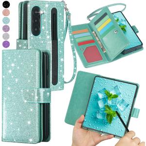 Varikke Compatible with Samsung Galaxy Z Fold 6 Wallet Case, [RFID Blocking] Card Holder, Glitter PU Leather Flip Phone Case with S Pen Holder Slot & Wrist Strap for Women Men, Mint