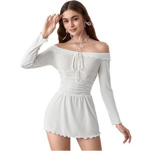 SHENHE Women's Off Shoulder Dress Long Sleeve Ruffle Ribbed Nightgowns Babydoll Lingerie Set (White, M)