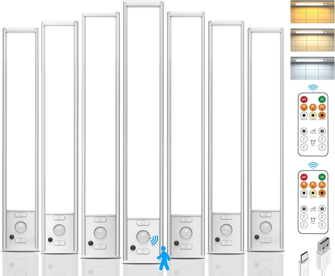 Under Cabinet Lights with Remote Control,2500mAh USB Rechargeable Motion Sensor Light Indoor,350 Lumen LED Closet Light,3 Color Temps Wireless Under Counter Lights for Kitchen, Wardrobe,Hallway,7 Pack (White-12 Inch)