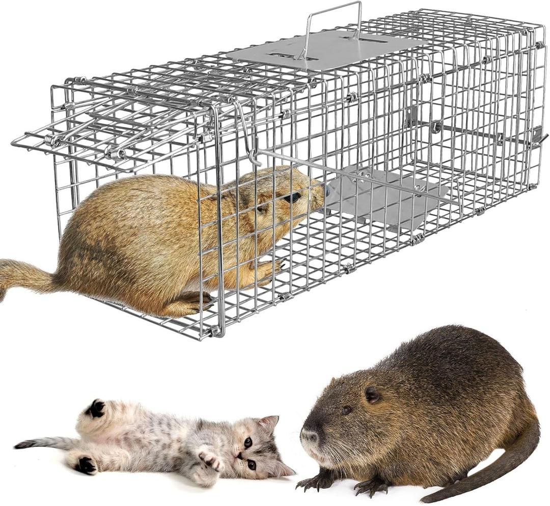 iMounTEK Humane Live Animal Trap Animal Trap 32X12.5X12In Large Humane Cat Trap Catch Release Animal Rodent Cage Collapsible Galvanized Wire for Small Raccoons Beavers Groundhogs Foxes Armadillos (Silver)