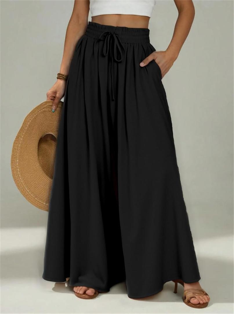 Women's Casual Pants Wide Leg High Waist Adjustable Knot Loose Vacation Trousers (Black), Size Large